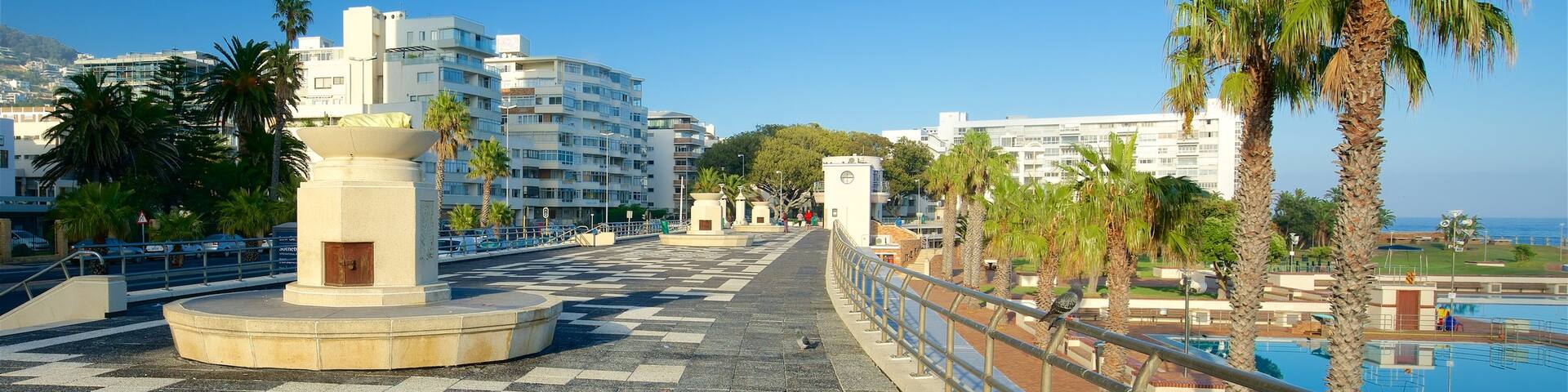 Sea Point Pavillion showing a city, a bridge and outdoor art
