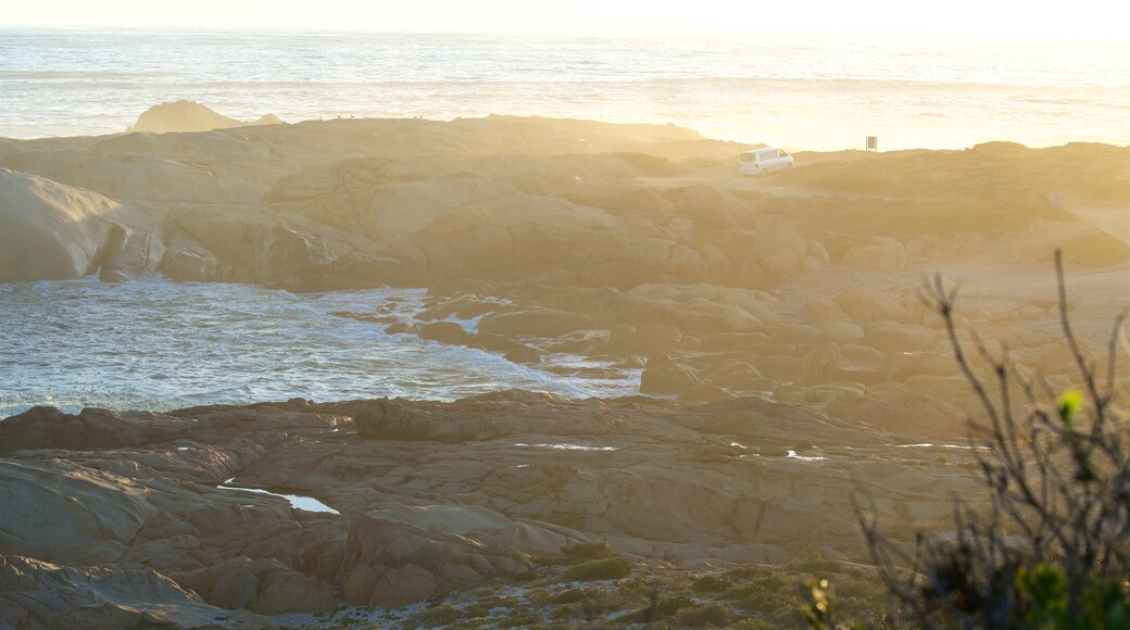 Cape Columbine Lighthouse featuring rugged coastline and a sunset