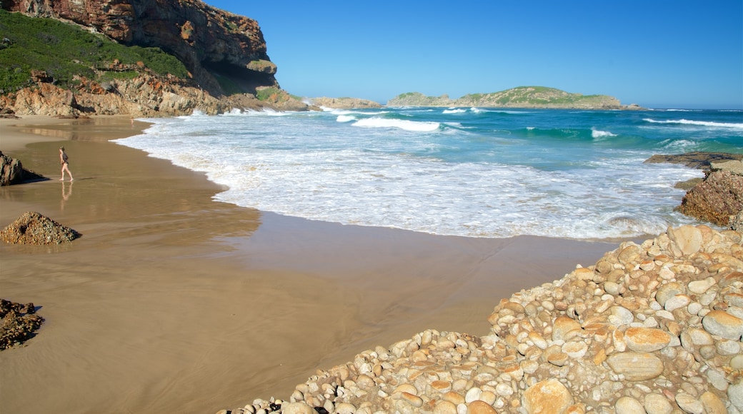Robberg Nature Reserve mostrando uma praia, litoral acidentado e paisagens litorĂąneas
