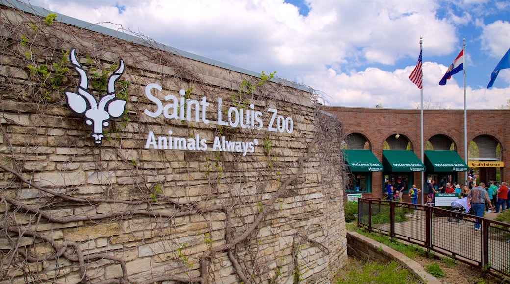 St. Louis Zoo showing zoo animals and signage as well as a small group of people