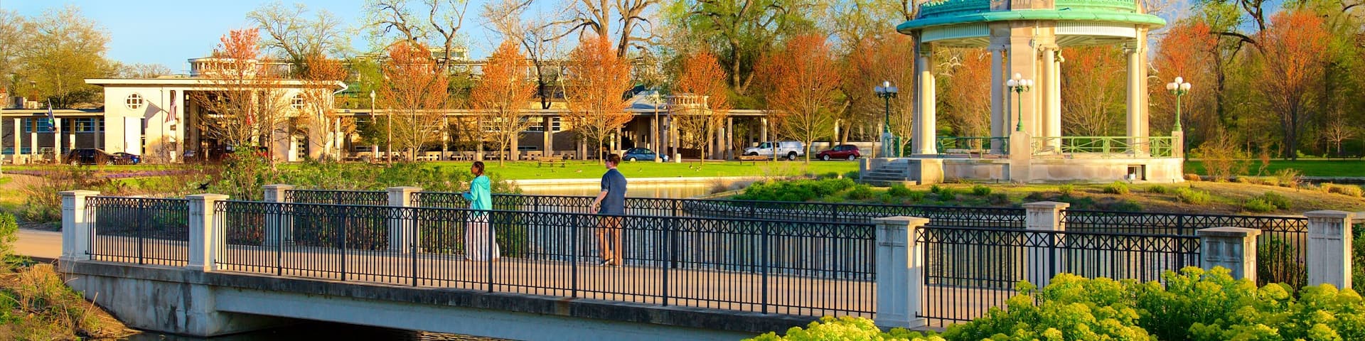 Forest Park featuring a pond, a bridge and a garden