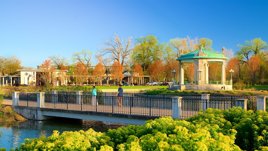 Forest Park mettant en vedette mare, pont et jardin