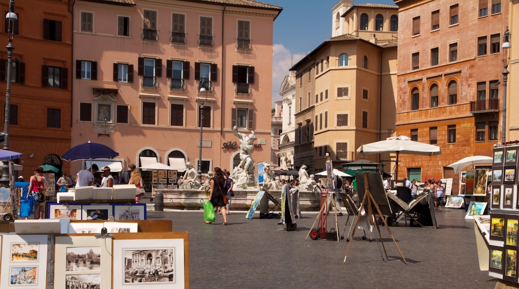 Piazza Navona toont straten, historische architectuur en een stad