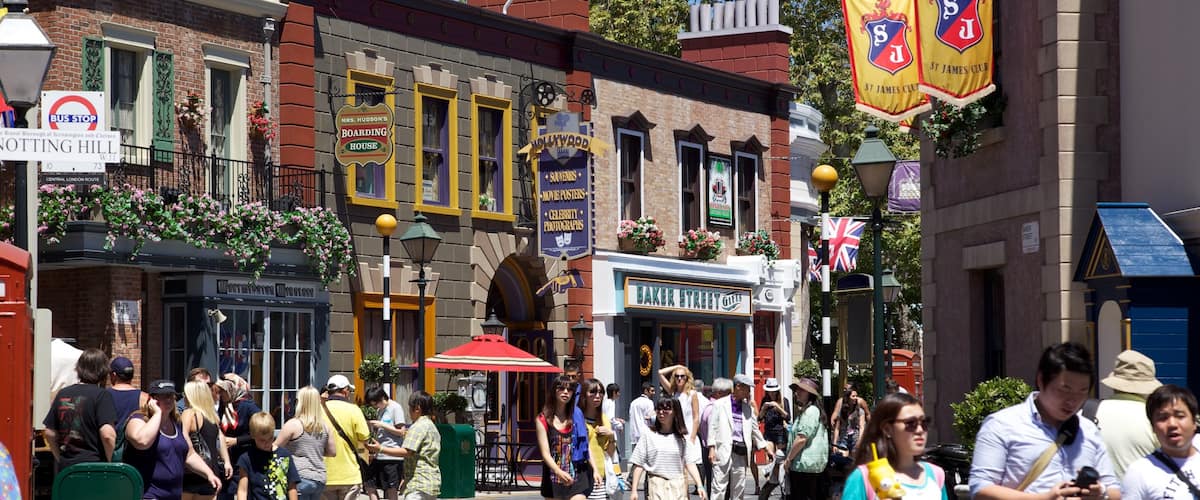 Universal Studios Hollywood® featuring a city and street scenes as well as a large group of people