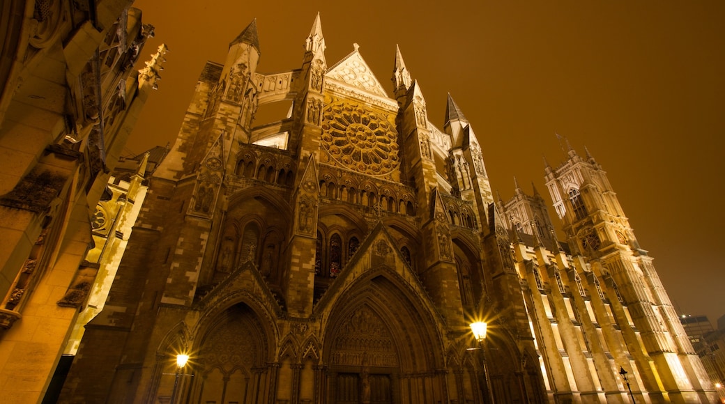 Westminster Abbey featuring a church or cathedral, night scenes and religious aspects