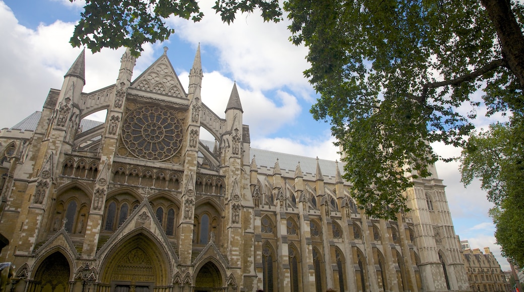 Westminster Abbey featuring heritage architecture, religious elements and a city