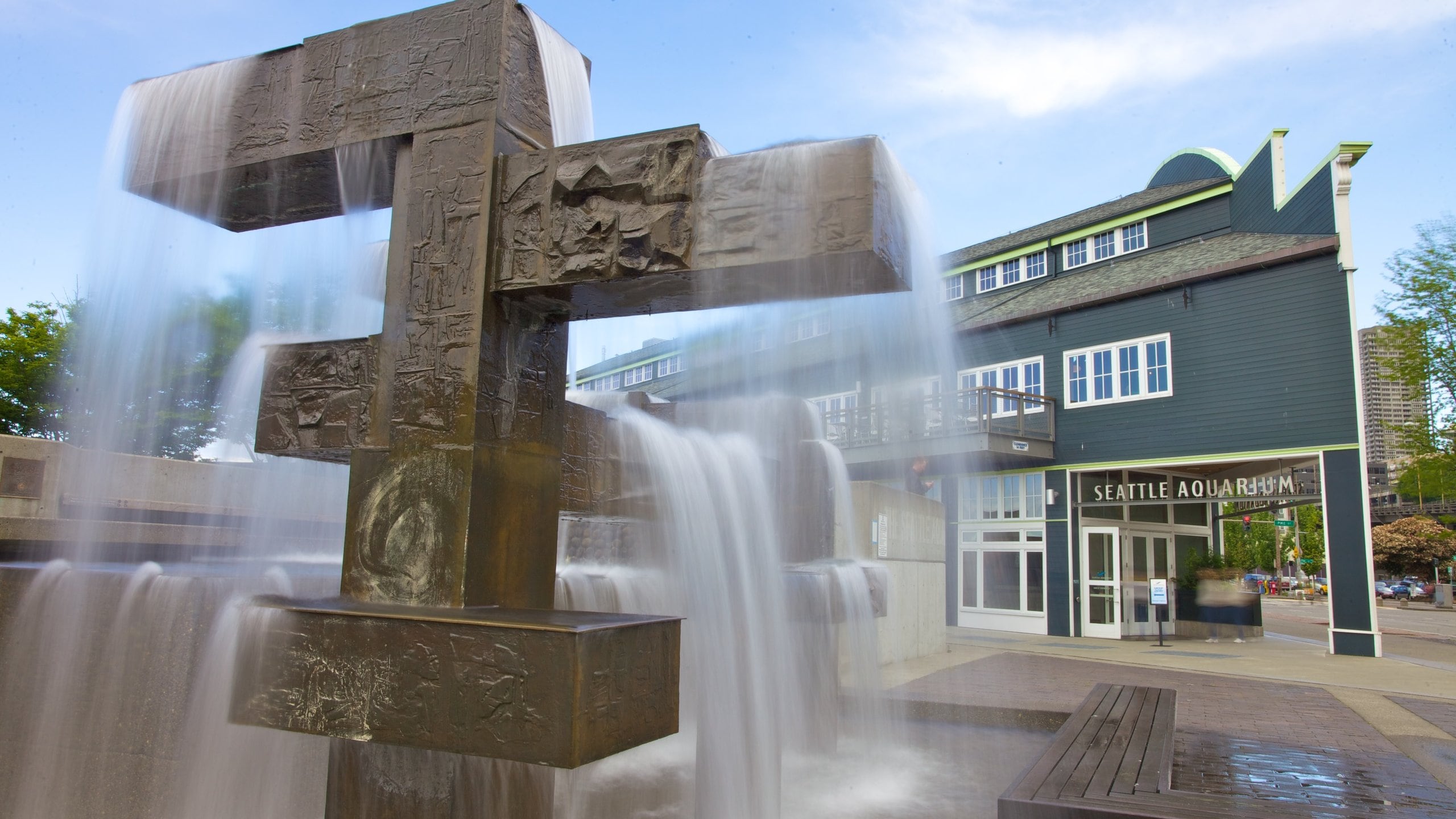 Seattle Waterfront featuring a fountain and a city