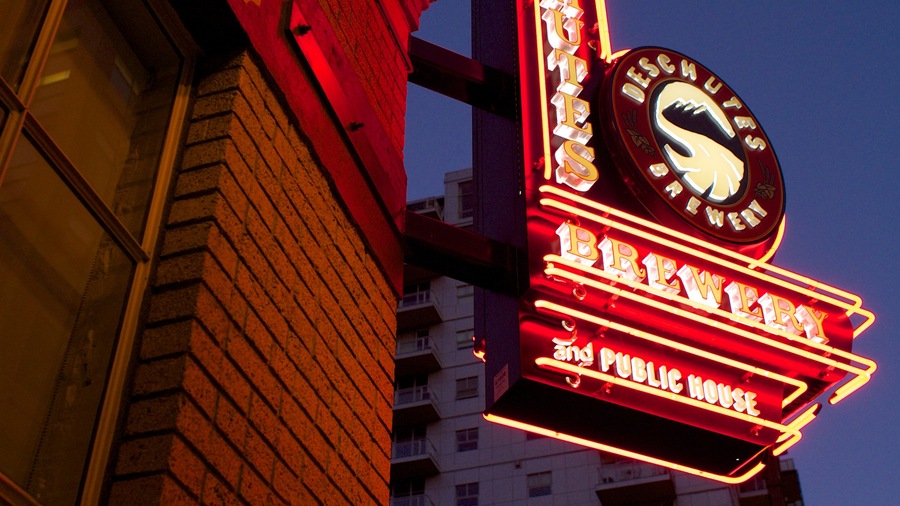 Downtown Portland showing a city, signage and street scenes
