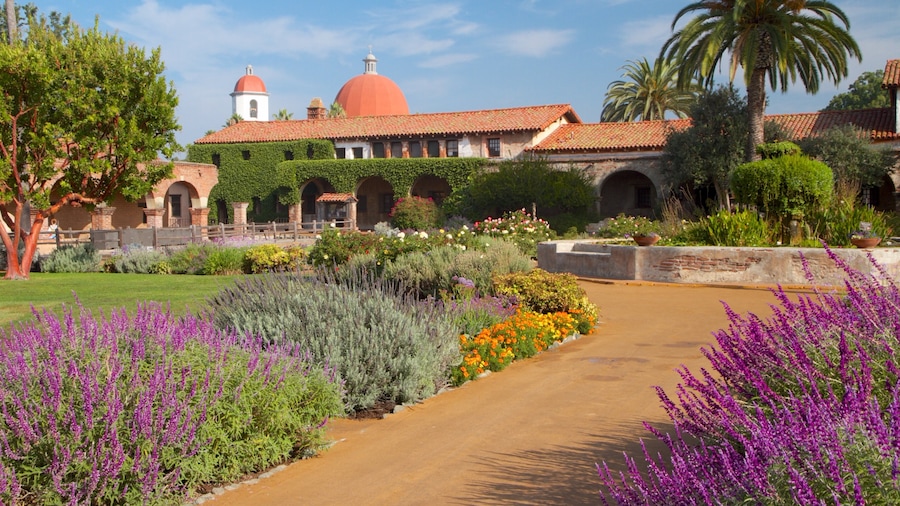 Mission San Juan Capistrano ofreciendo un parque, flores salvajes y elementos religiosos