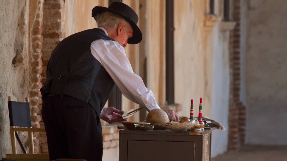 Mission San Juan Capistrano which includes interior views as well as an individual male
