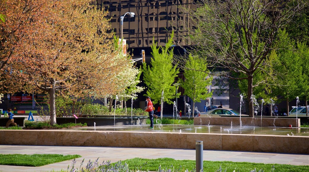 城市花園 呈现出 噴泉 和 公園 以及 一位小童