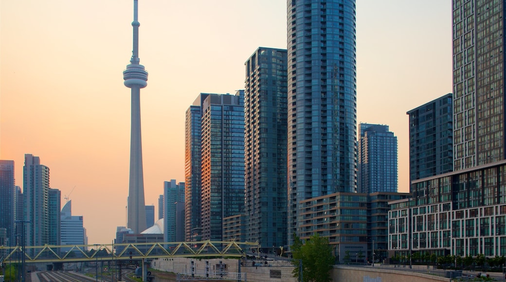 Southwestern Ontario showing a bridge, a sunset and a skyscraper