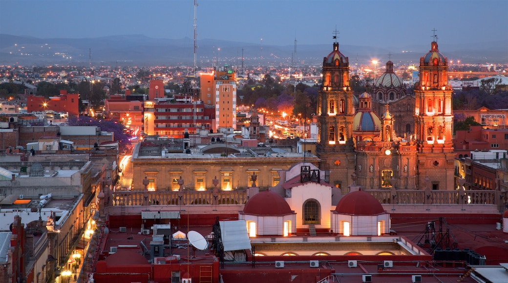 San Luis Potosí mostrando una plaza, una iglesia o catedral y escenas de noche