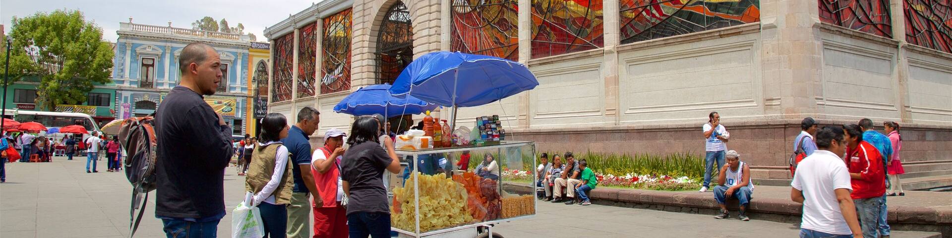 The Cosmovitral which includes a square or plaza and heritage architecture as well as a small group of people