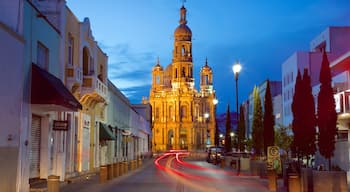 Aguascalientes torg som inkluderar historisk arkitektur, nattliv och en kyrka eller katedral