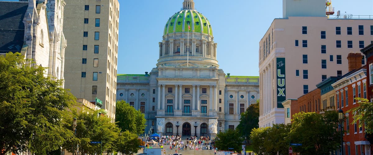Central Pennsylvania which includes a square or plaza and heritage architecture