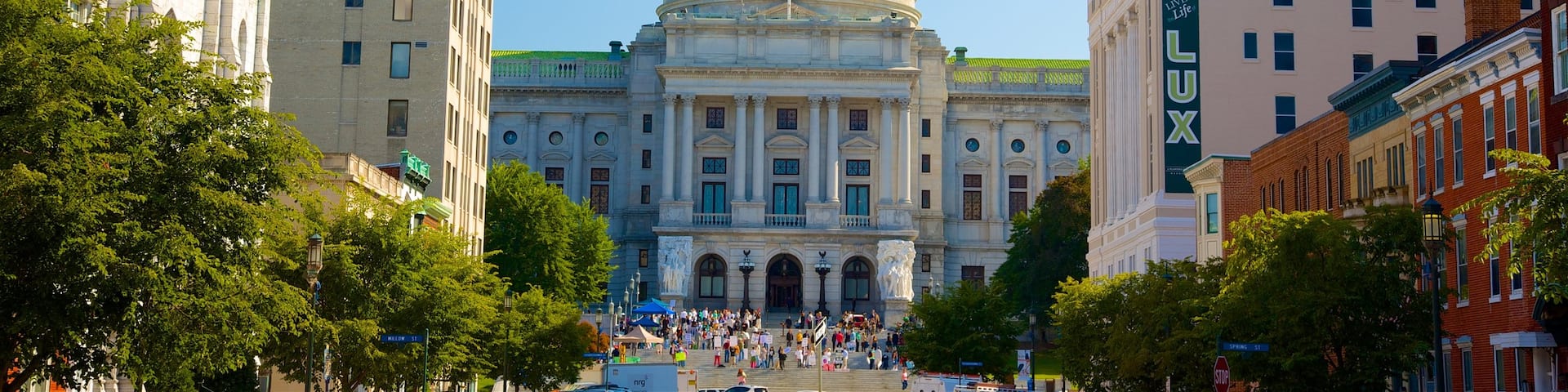 Central Pennsylvania which includes a square or plaza and heritage architecture