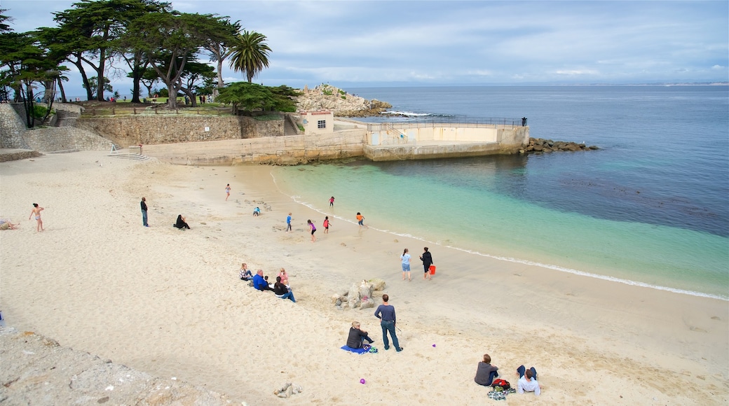 Lovers Point featuring general coastal views and a sandy beach as well as a small group of people