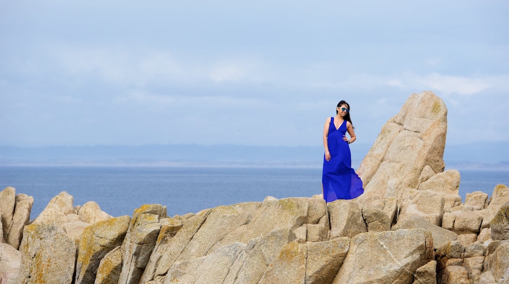 Lovers Point showing rocky coastline and general coastal views as well as an individual femail