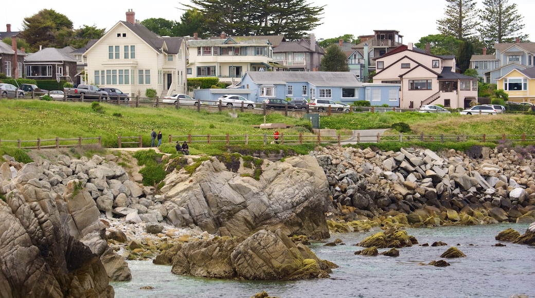 Pacific Grove que incluye una ciudad costera y costa rocosa