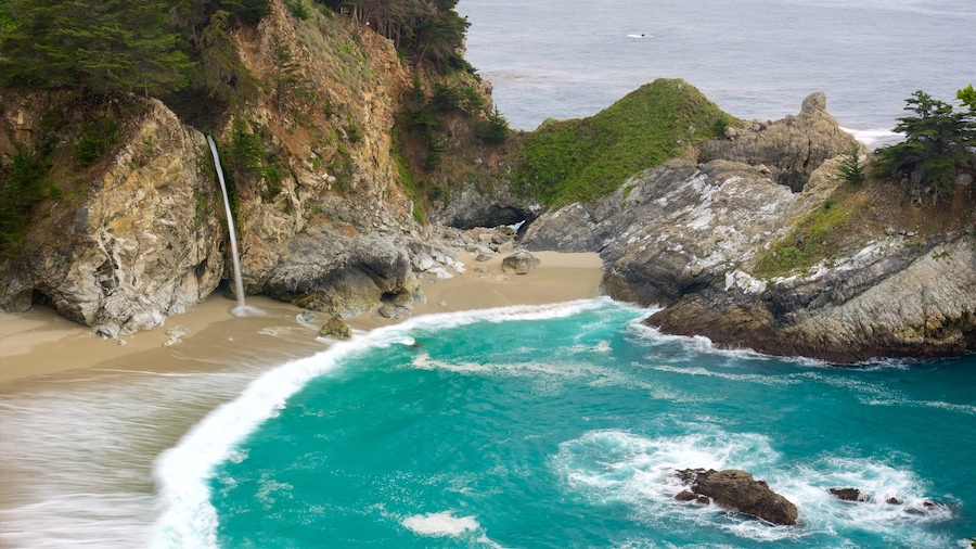 McWay Falls che include spiaggia sabbiosa, baia e porto e costa frastagliata