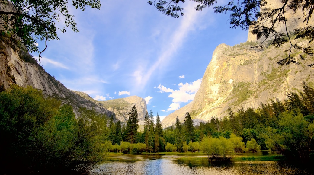 Parque Nacional Yosemite mostrando un lago o abrevadero, vistas de paisajes y escenas tranquilas