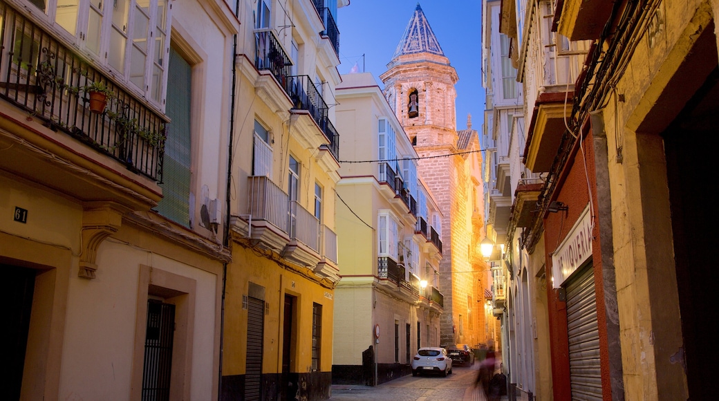 Cadice mostrando strade, piccola città o villaggio e paesaggio notturno