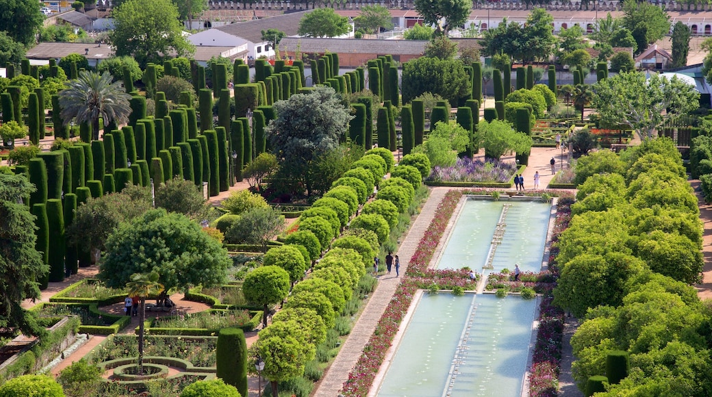 Alcazar de los Reyes Cristianos som inkluderar en trädgård, landskap och en damm