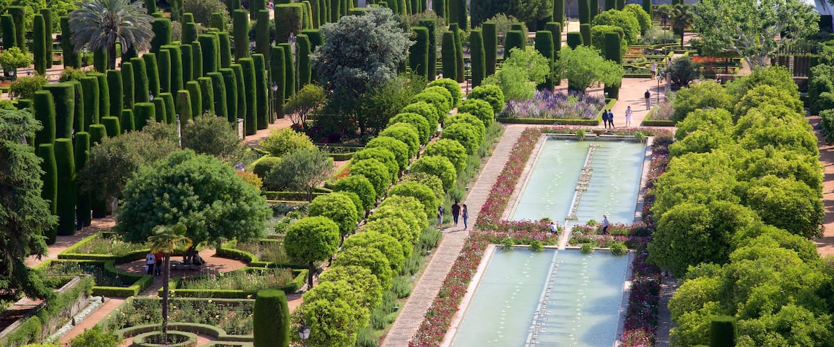Alcazar of Cordoba toont een vijver, een park en landschappen