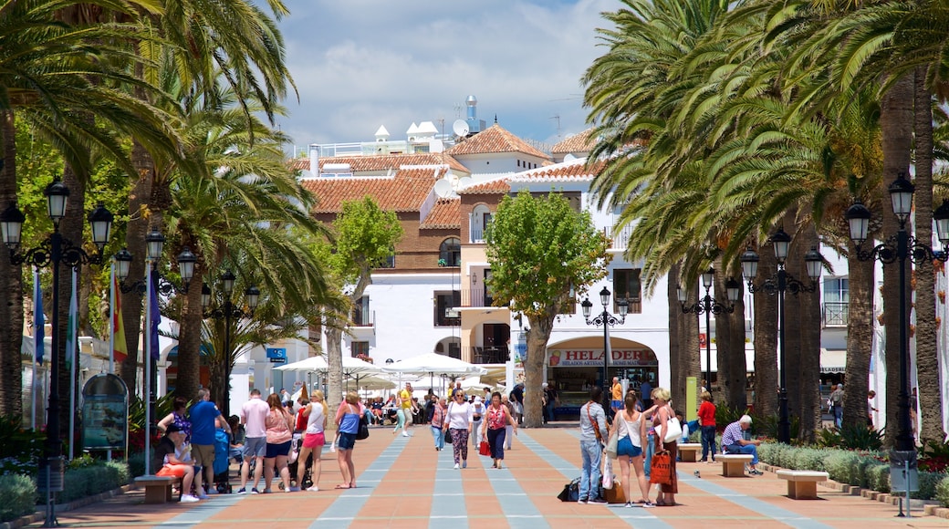 Balcón de Europa mostrando escenas tropicales y escenas cotidianas y también un grupo grande de personas