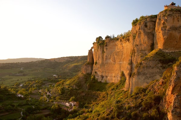 El Tajo Gorge showing landscape views, farmland and a sunset