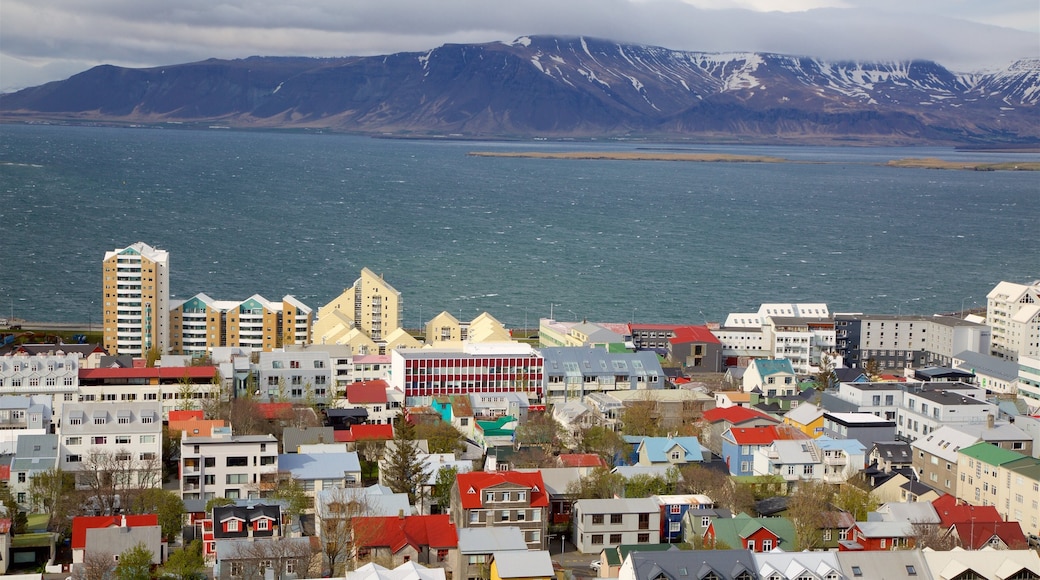 Reykjavik joka esittää rannikkokaupunki, kaupunki ja vuoret