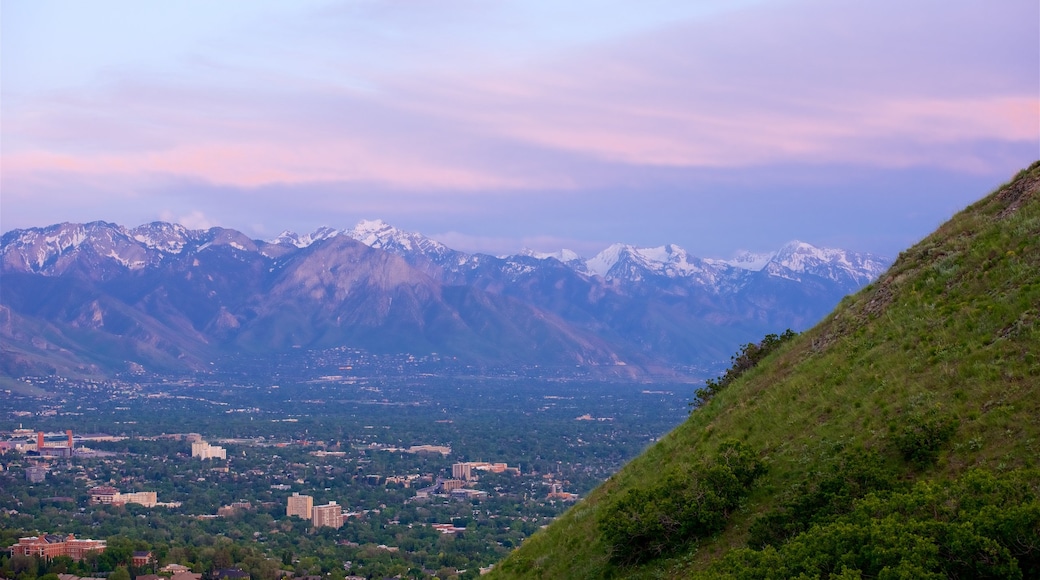 Salt Lake City som inkluderar stillsam natur, en solnedgång och berg