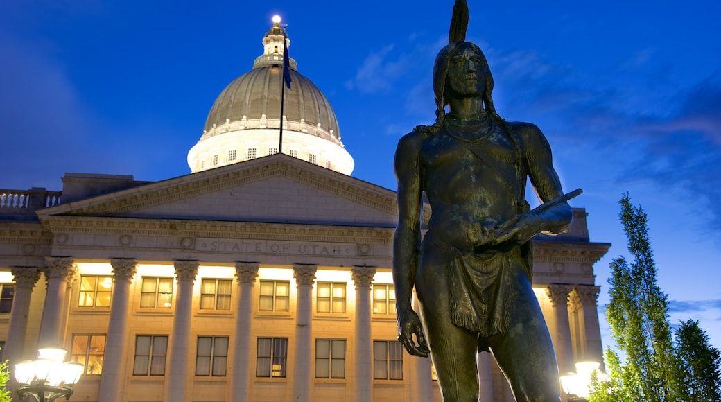 Utah State Capitol showing heritage architecture, night scenes and a statue or sculpture