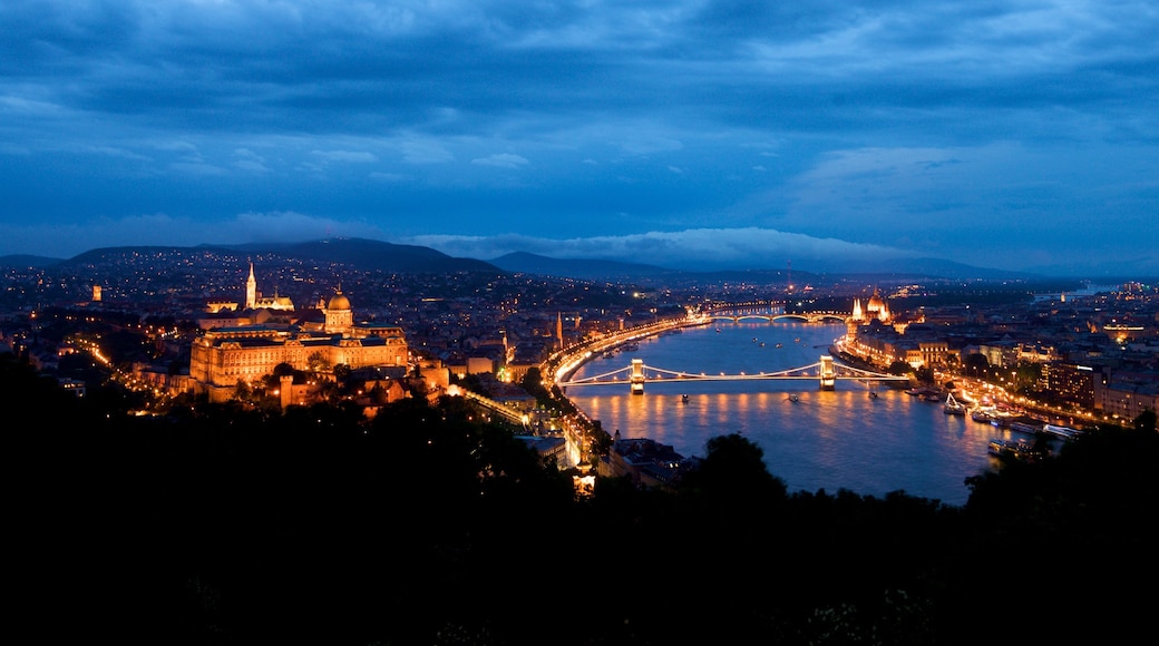 Gellert Hill which includes a city, a river or creek and night scenes