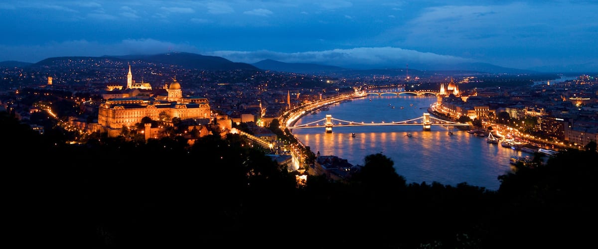 Gellert Hill showing a city, night scenes and a river or creek