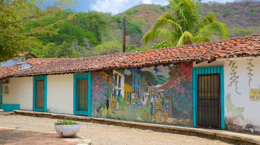 Copala que incluye una pequeña ciudad o pueblo y arte al aire libre