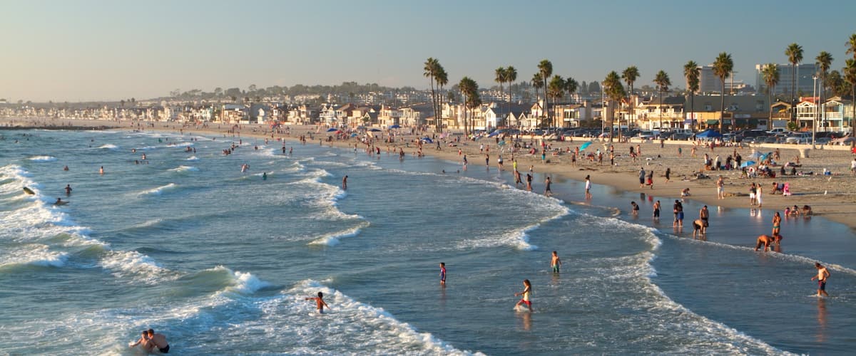 Newport Beach showing tropical scenes, swimming and a sandy beach
