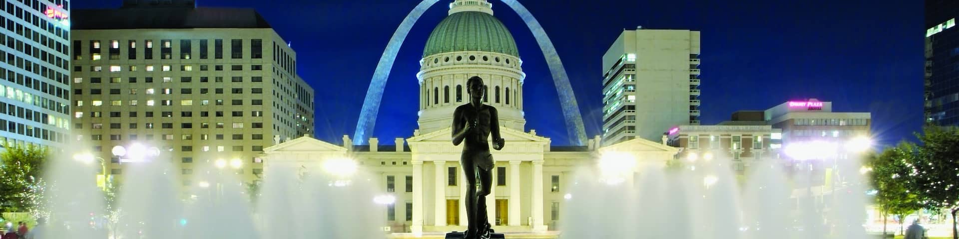 Jefferson National Expansion Memorial Park showing night scenes, a fountain and a city