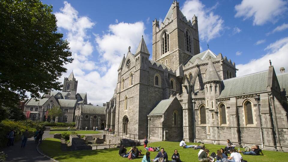 Christ Church Cathedral showing skyline, a park and a city