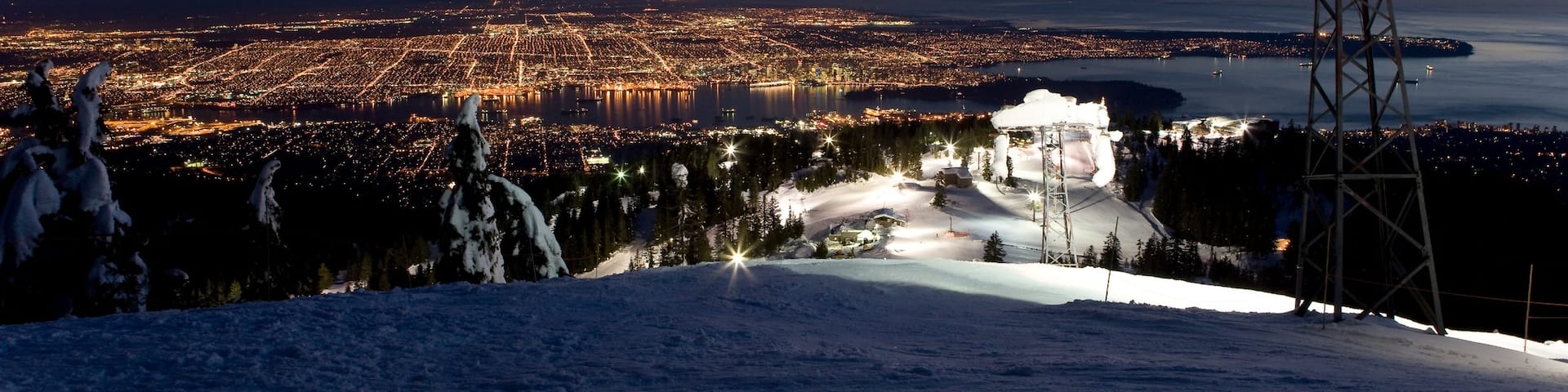 Grouse Mountain at dusk offers stunning views of Vancouver and the ocean landscape beneath