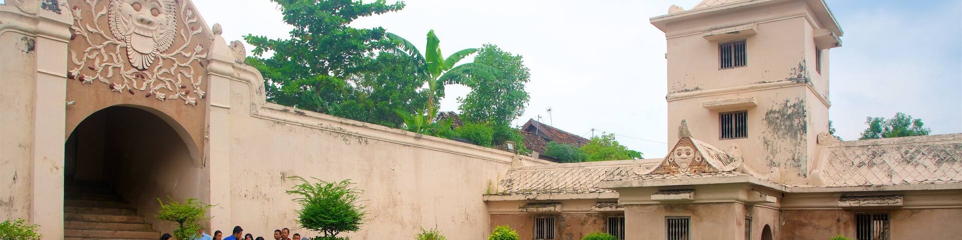 Water Castle which includes heritage architecture and a pool as well as a small group of people