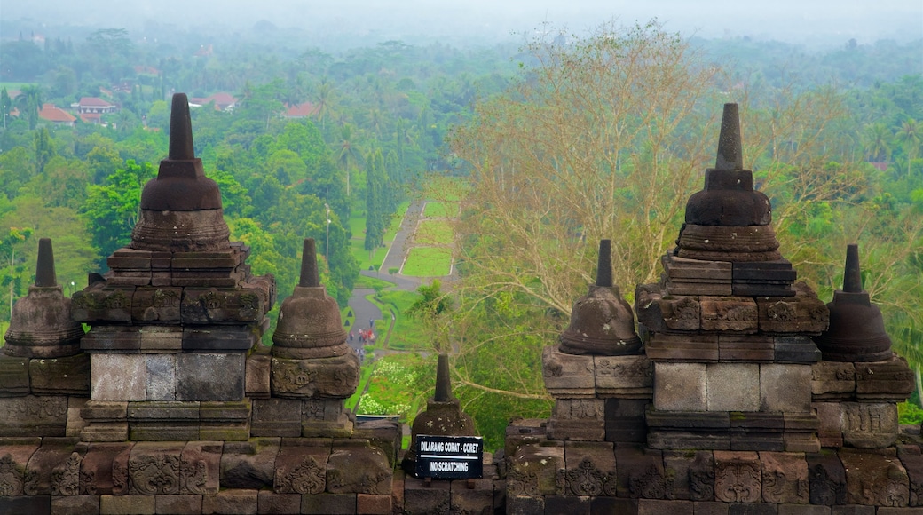 Borobudur , Yogyakarta, Indonesia mostrando elementos patrimoniales, niebla o neblina y vista panorámica