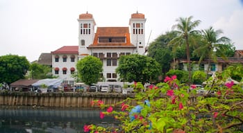 Oud Jakarta inclusief een rivier of beek en wilde bloemen