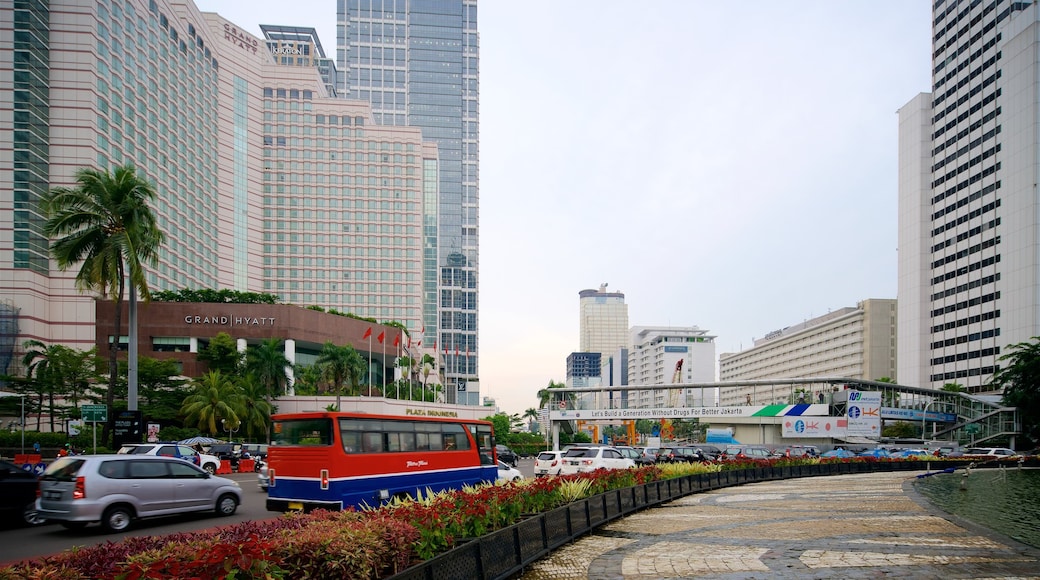 Jakarta which includes flowers, a square or plaza and a city