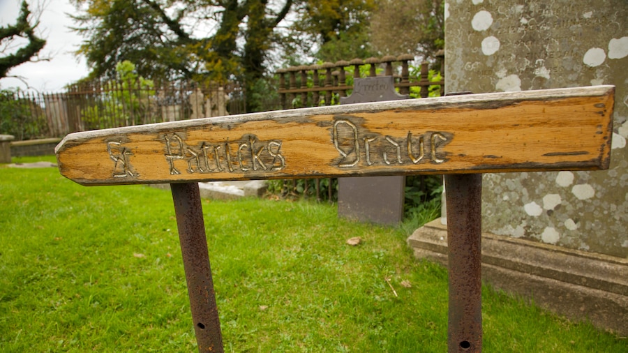 Down Cathedral featuring a cemetery and signage