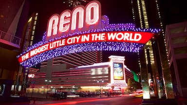 Reno showing signage, a city and night scenes