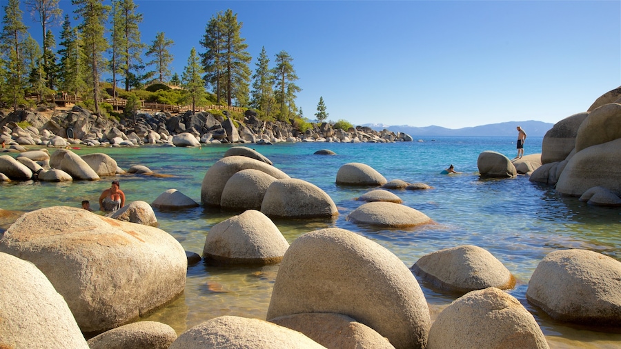 Sand Harbor which includes swimming, rugged coastline and general coastal views