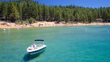 Zephyr Cove som visar en strand, båtkörning och kustutsikter