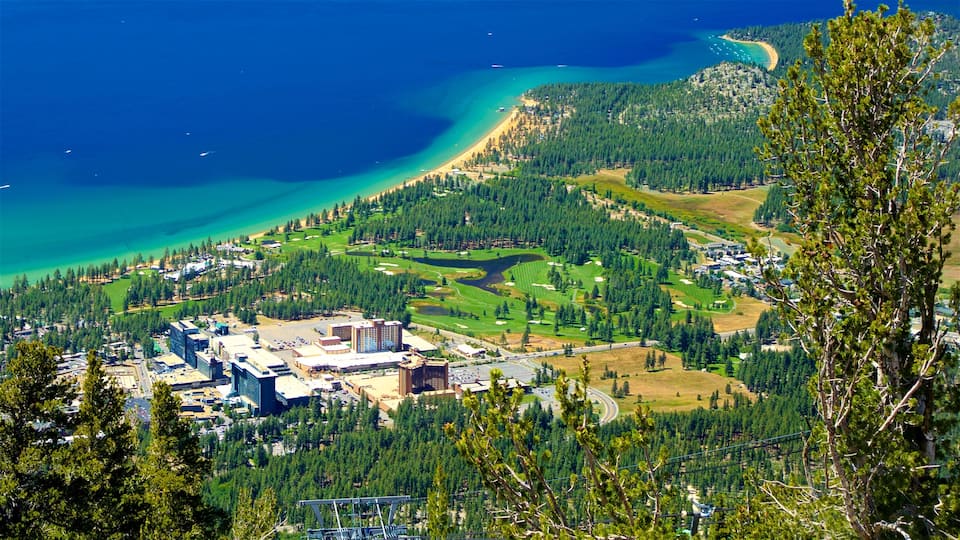 Heavenly Mountain Gondola featuring tranquil scenes, a coastal town and a lake or waterhole